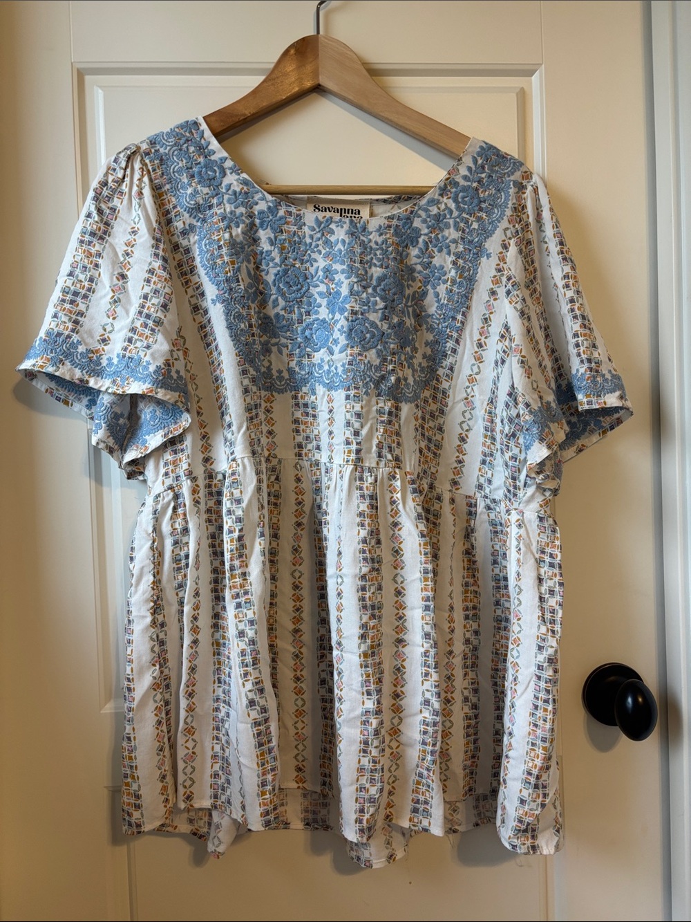 Savanna Jane White Tunic with Blue and Brown Floral Stripe
